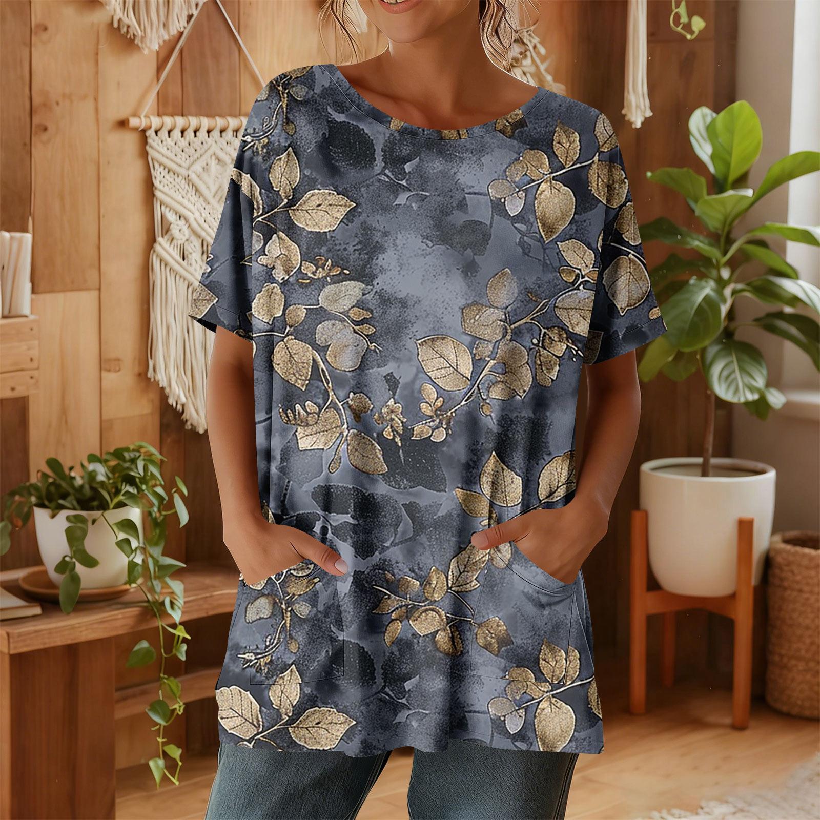 

Женская мода повседневный короткий рукав цветочный принт топ XXL