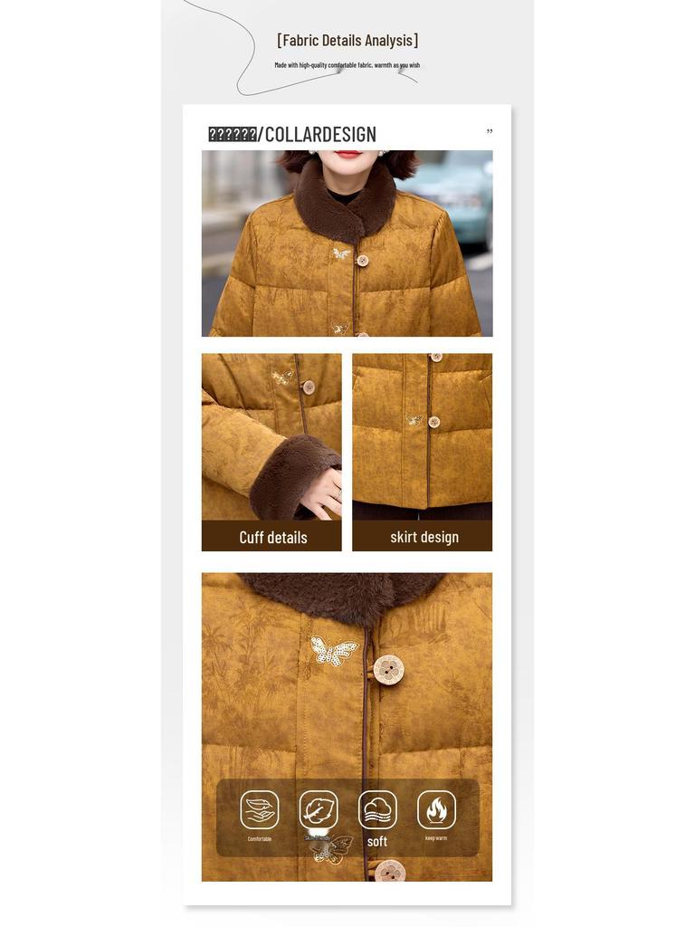 Plus-Thick Cotton-Padded Winter Jacket for Middle-Aged and Elderly Women with Stand-Up Collar