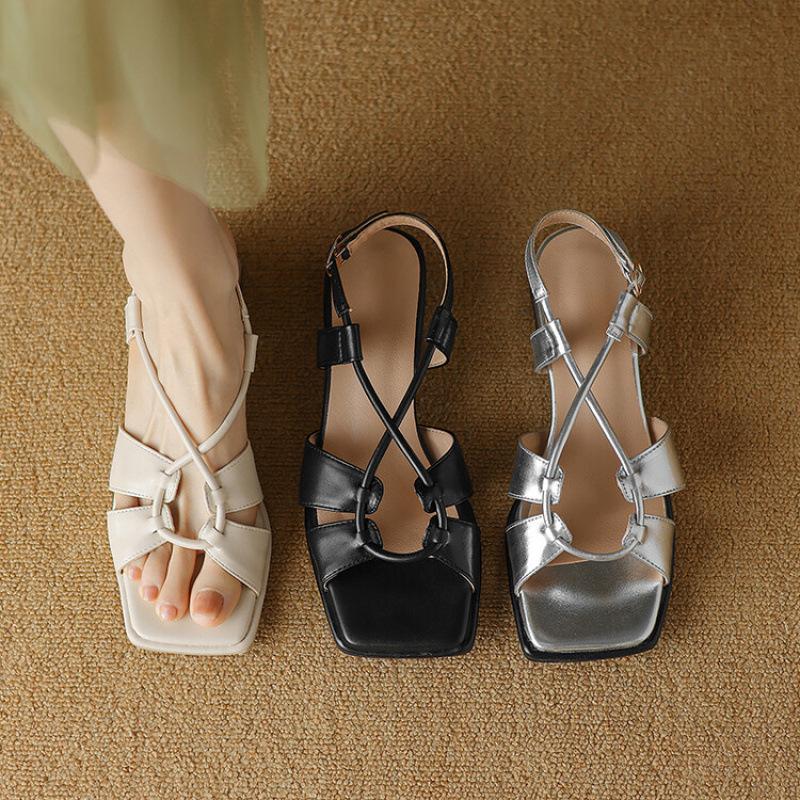 New Summer One-word Sandals Women's Buckle Rubber Soft Sole Large and Small Size Women's Shoes European and American Square Head Medium Heel Silv