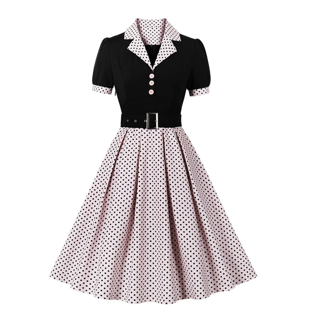 Casual Women's Fashion Polka Dot Women's Skirt, Lapel, Short Sleeved Belt, Slim Fit Spring and Summer Dress