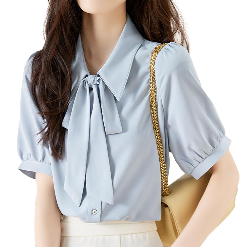 

Платье с короткими рукавами-буфами Летнее [Bidason] Женские рубашки, блузки, топы, шифон, лента, рукава, рукава, драпированный, элегантный, стройнящий, прикрывающий, стильный, синий