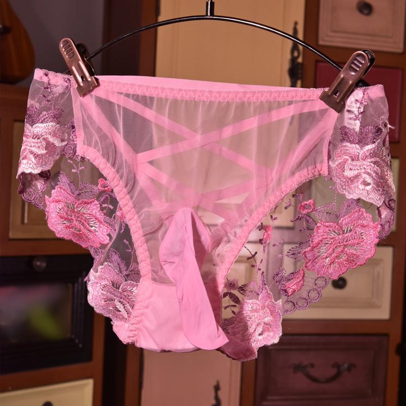 Large Size Sissy Pouch Panties Men Embroidery Lace See Through Briefs Bullet Separation Underpant Feminization Gays Lingerie
