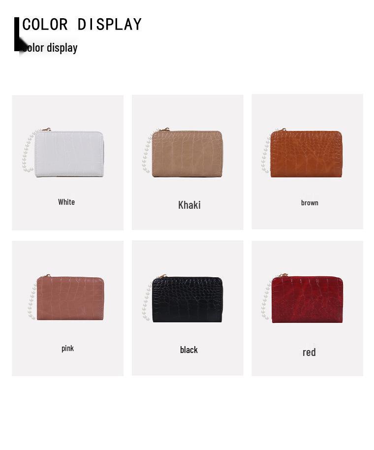 Women's Korean Style Short Wallet with Pearl Chain, Stone Texture, Card Slots, and Money Clip