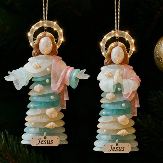 Yousheng Sea Glass Jesus Christmas Ornament Handmade Jesus Hanging Decoration Coastal Nativity Christmas Tree Ornament for Home Decor