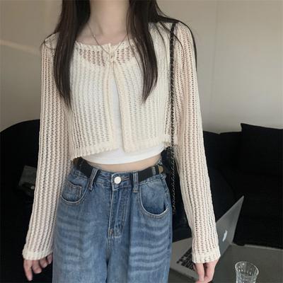 Hollow Out Round Neck Long Sleeved Knitted Cardigan for Women's Summer Design, Niche and Slimming, Sun Protection Top