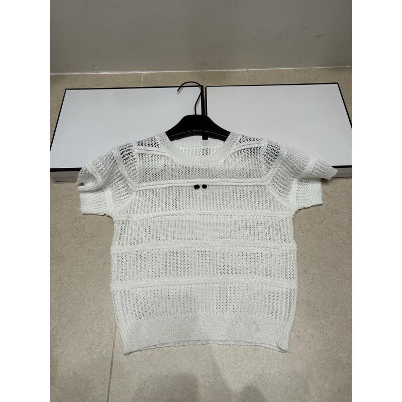 Xiangjia European Style Lightweight Luxury Hollow Knit Round Neck Short Sleeve Top