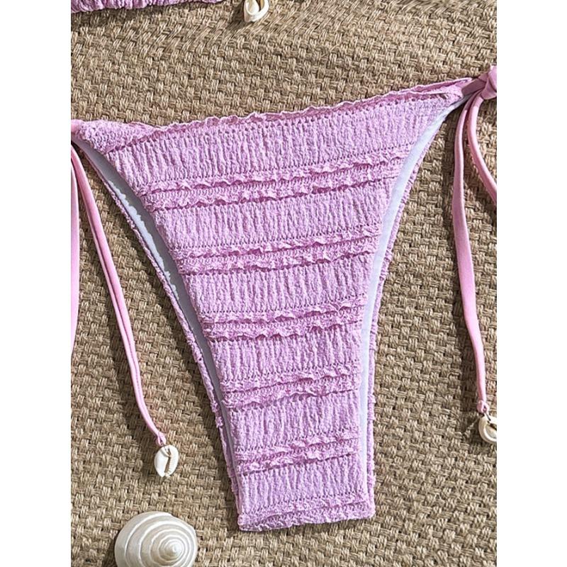 Solid Color Women Halter Three Piece Bikini Swimwear For Beach Swimming