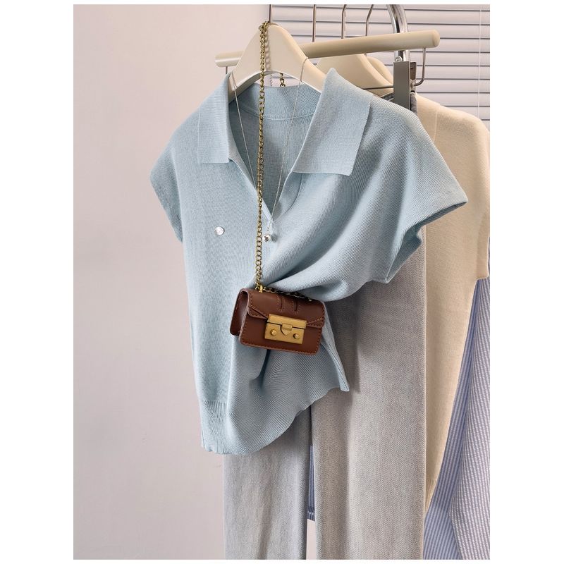 

Loose Slimming [40.00 Kg-100.00 kg] Fashion Polo Collar Ice Silk Short sleeve T-shirt Women Summer Flying Sleeves V-neck Top Blue 2XL
