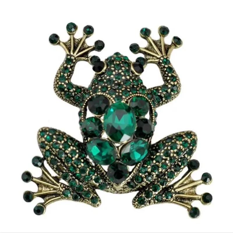 Retro Diamond Inlaid Frog Brooch Alloy Green Rhinestone Frog Brooch Banquet Party Dress Decoration Jewelry Brooch Wholesale