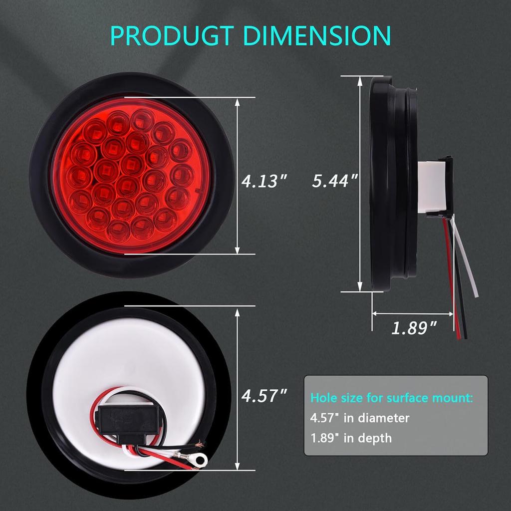 4 Inch Round Trailer Tail Light For 12V Truck Trailer Bus RV Camper ATV UTV 24LED Back Up Reverse Light Waterproof W/Flush Mount Grommets Plugs