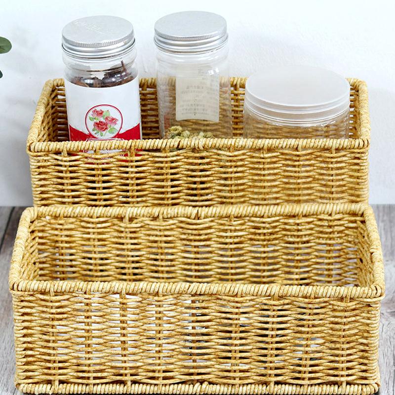 1Pc PP Removable Hand-woven Practical Storage Basket Simple Storage Case Desktop Organizing Box Imitation Rattan