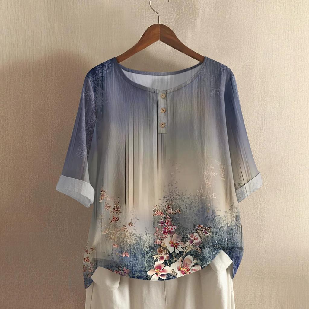 Women's Fashionable And Casual Shirt Half-sleeve Round Neck Print Cotton And Linen Blouse Top