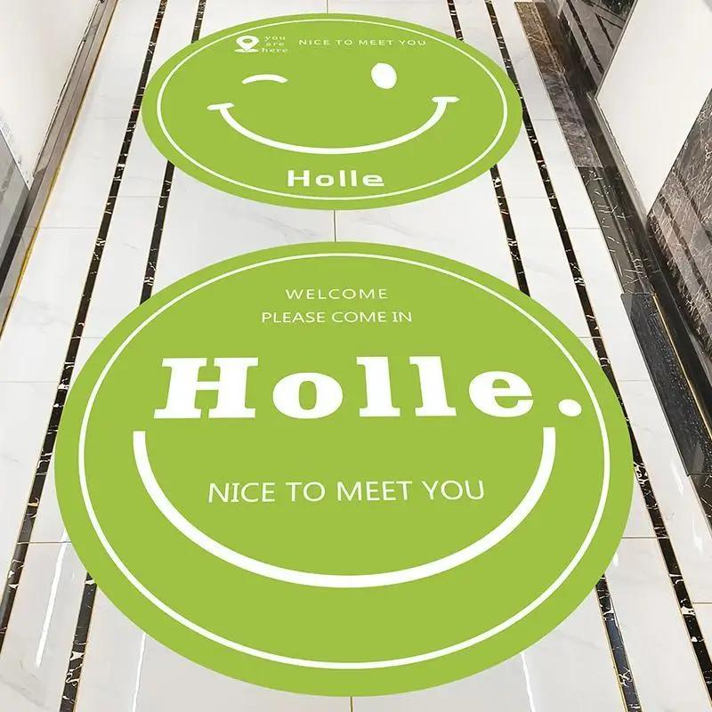 Hello Welcome Decorative Stickers Shopping Malls Clothing Milk Tea Shops Floor Posters Smiling Face Covering Up Hole Wallpaper