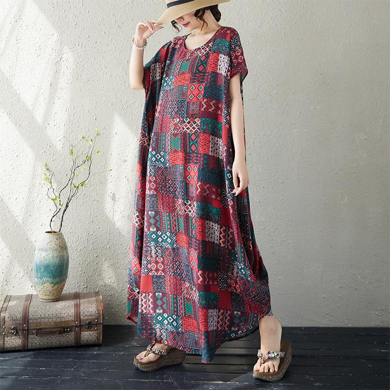 DIMANAF Neues 2026 Damen Übergröße Sommer Strand Dame Langes Kleid Locker Übergröße Maxi Blumendruck Vintage Sommerkleid Kleidung