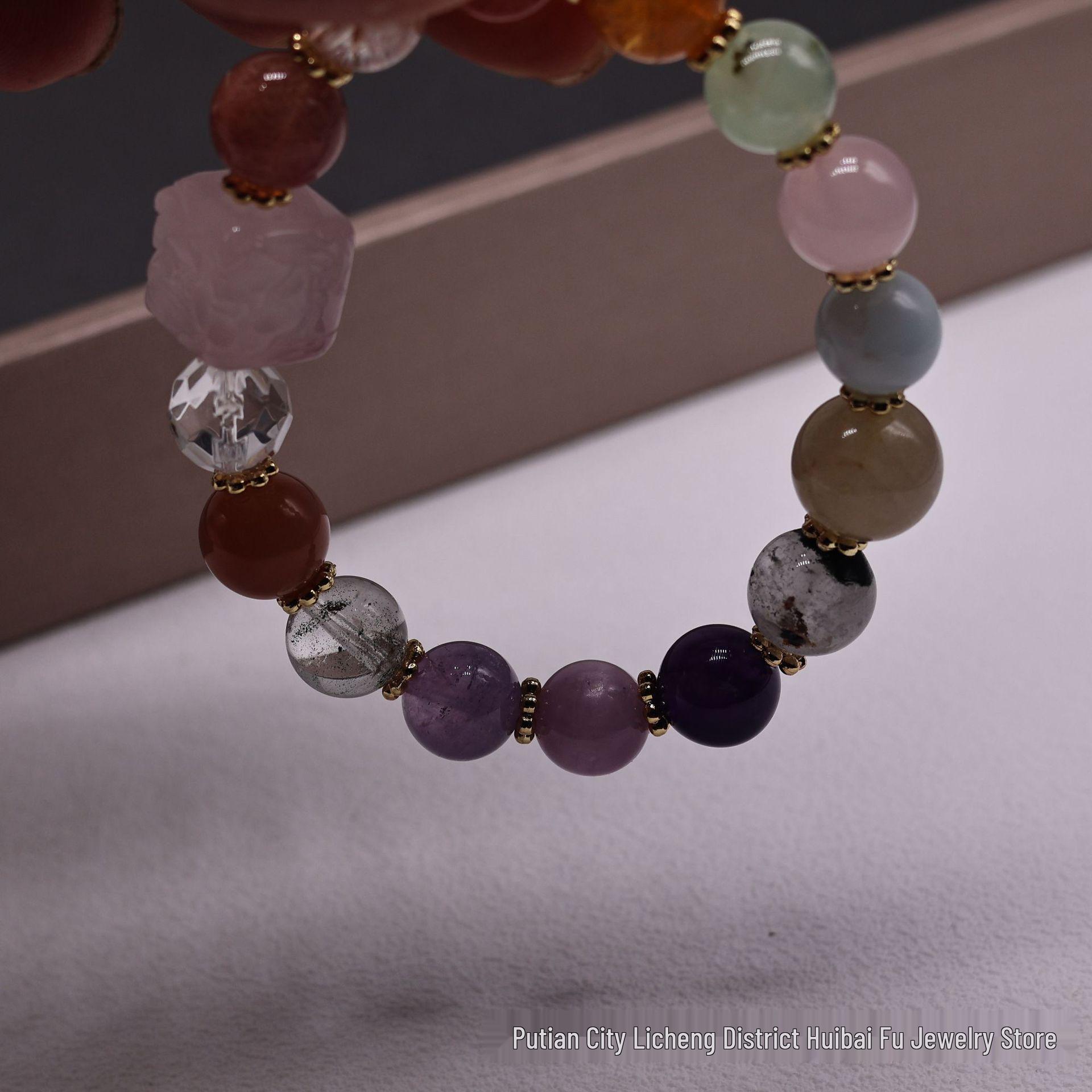 Multi-Treasure Rose Quartz Nine-Tailed Fox Crystal Bracelet 9mm Diameter Round Beads