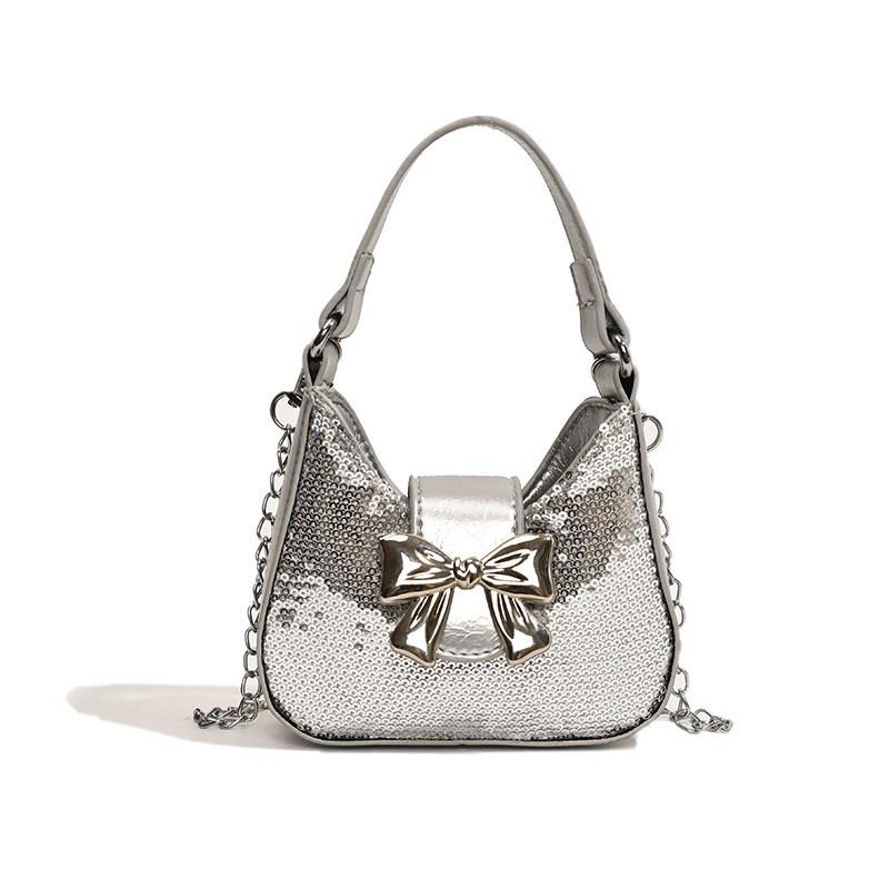 Trendy Summer Butterfly Knot Children s Handbag Sparkling Sequin Shoulder Bag For Kids серебряный