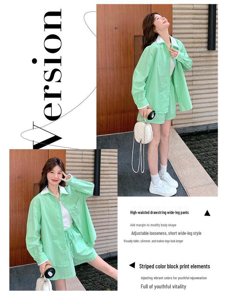 Spring/Summer Color Block Shirt & Elastic Waistband Shorts Set for Women
