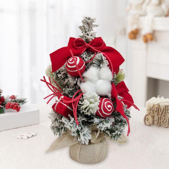 Snowy Mini Christmas Tree Small Tabletop Artificial Flocked Tree with Balls Bow And Cloth Bag Base for Home Office Desk Decor