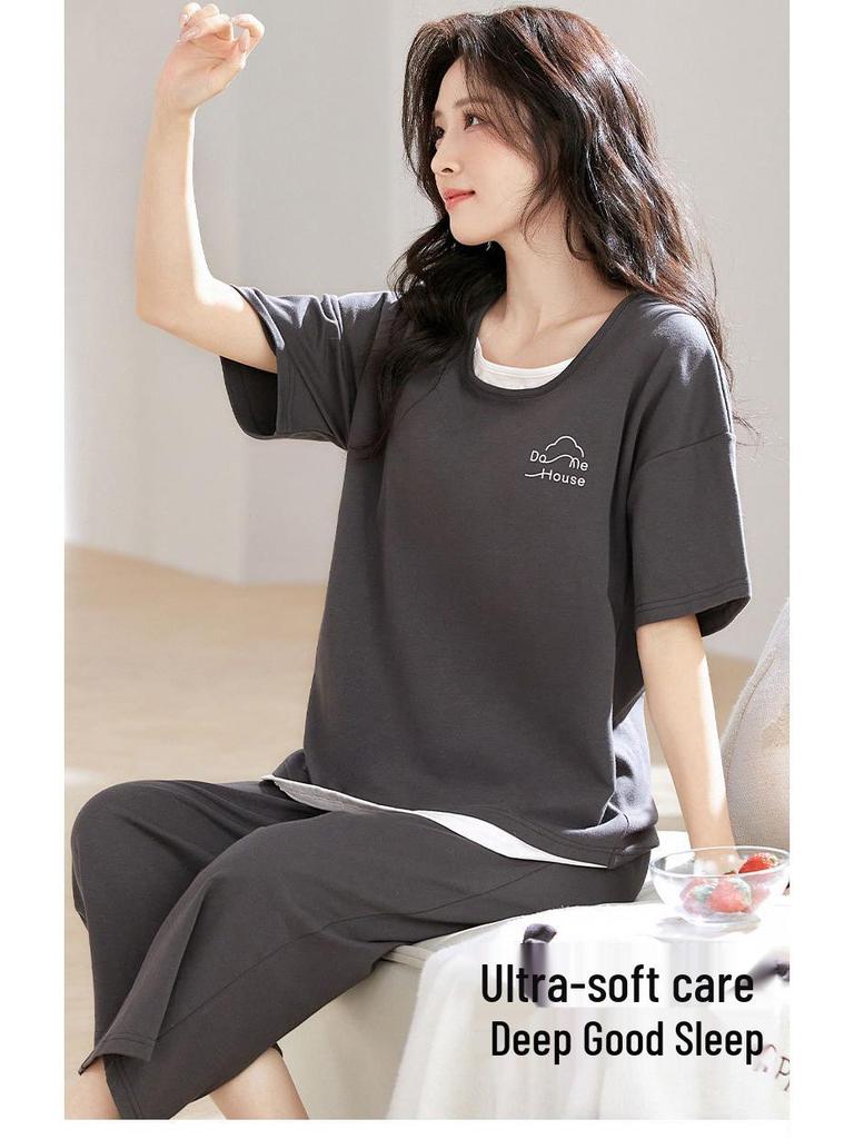 Damen Sommer 2025 Cartoon Capri Pyjama - Kurzärmelig, Reine Baumwolle, Rundhalsausschnitt, Dünn, Draußen oder Drinnen zu tragen