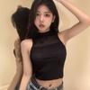 High Neck Hollow Ice Silk Camisole Tank Top for Women Summer Pink Halter Neck Slim Fit Short Style Knitted Sleeveless Top