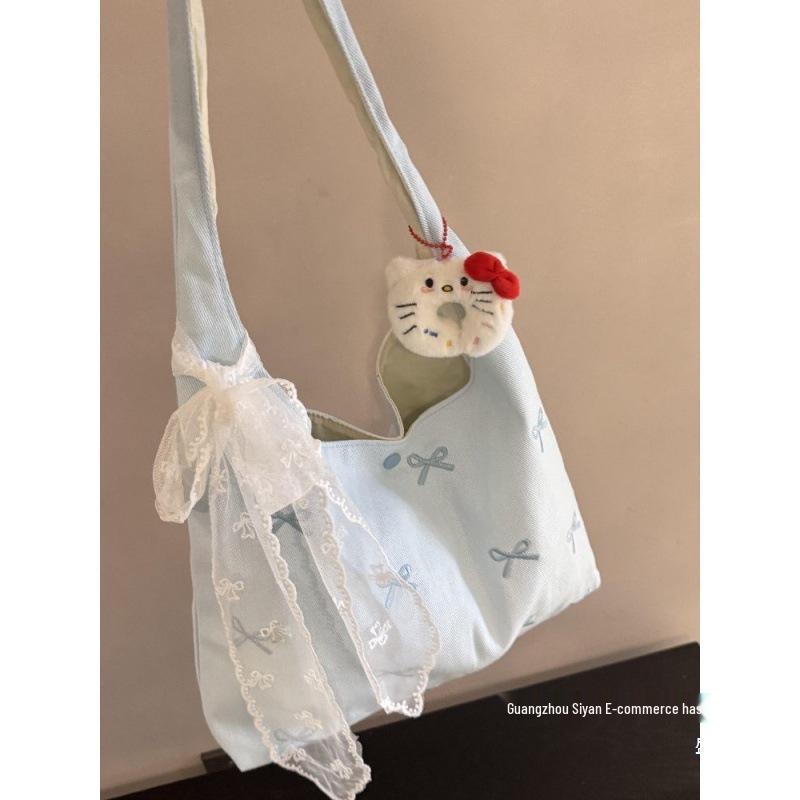 Korean Bow Embroidery Canvas Bag for Women - 2025 Large Capacity, New Style