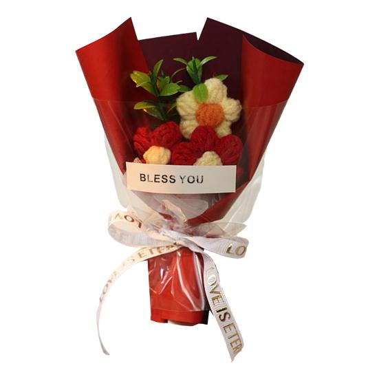 Crochet Flower Bouquet Handmade Knitted Mini Artificial Bouquet Fake Puff Flower Gift for Mother Wife On Birthday Anniversary