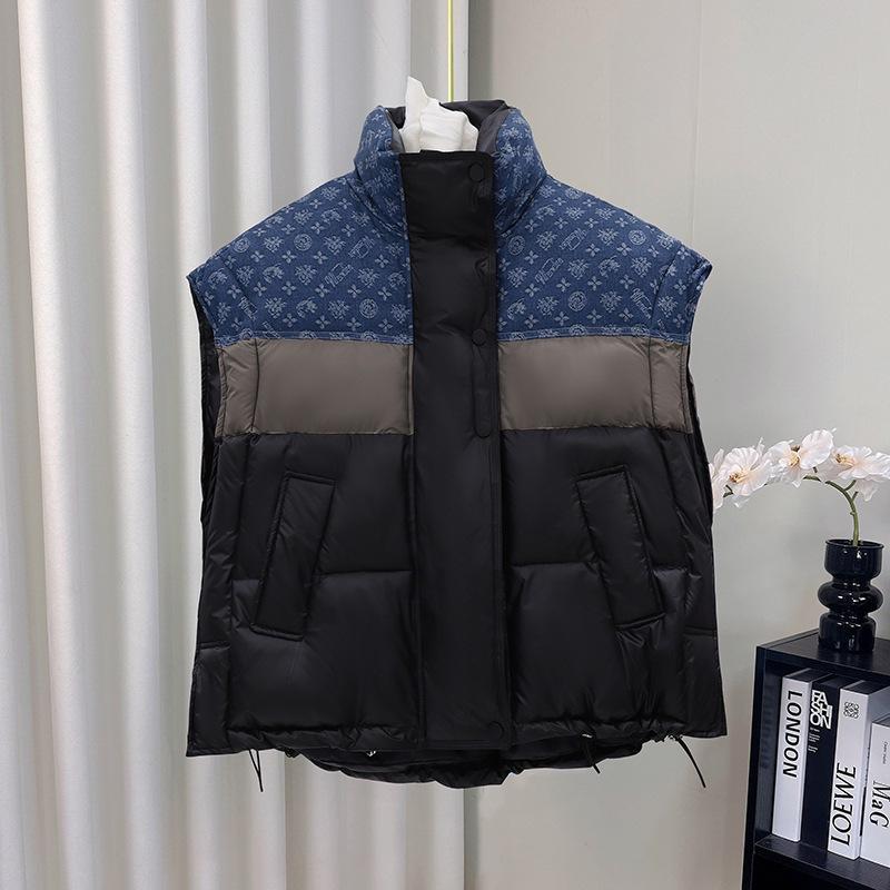 Down cotton vest women's new splicing thickened thermal cotton vest stand-up collar wear cotton vest vest jacket