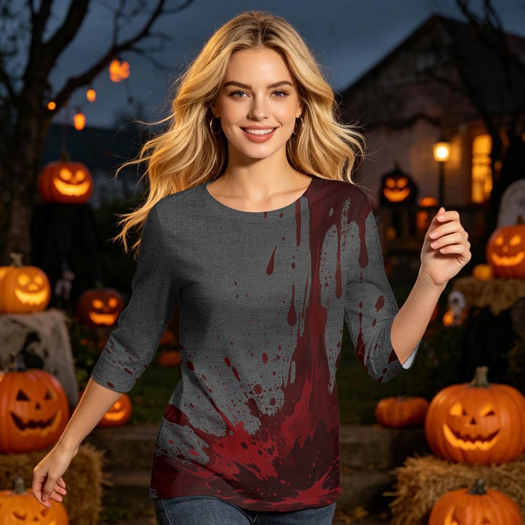 Women’s Casual Three Quarter Sleeve Crew Neck Top with Halloween Inspired Print and Relaxed Fit for Everyday Wear