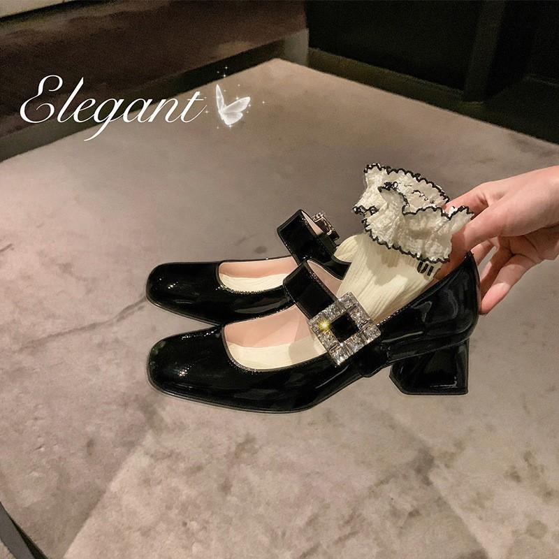 Yan Shun~ Su Yinyin Diner Gastvrouw~ Strass Vierkante Gesp Met Dikke Hak Mary Jane Schoenen Dames Enkele