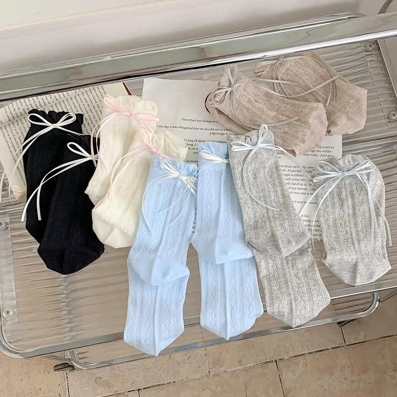 Socks For Women Korean Style New Solid Color Sweet Lolita Thin Socks Cute Breathable Bow Japanese Fashion Long Socks Female Mesh