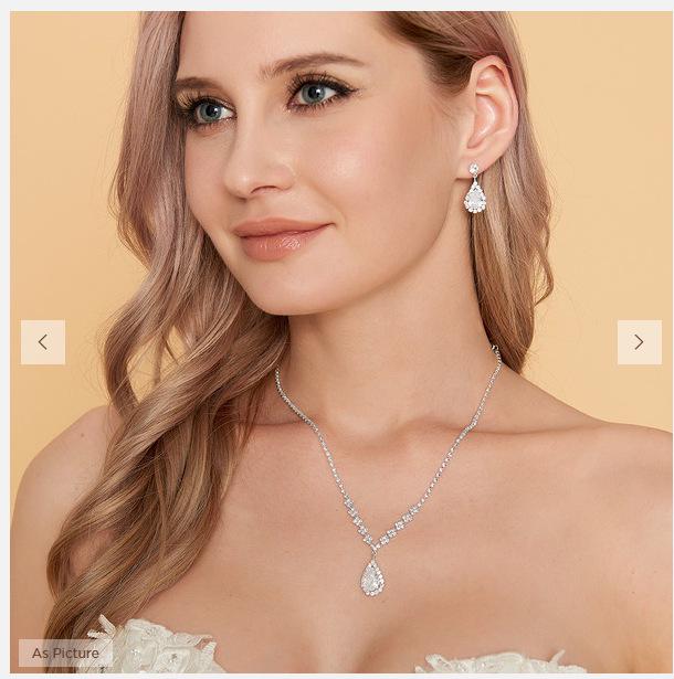 

Korean Style Teardrop Necklace & Earrings Bridal Set with Sparkling Diamonds