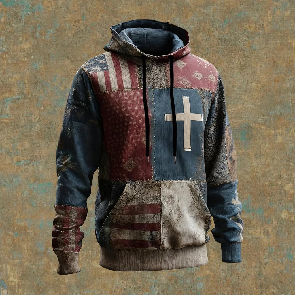 Men's Vintage Casual American Flag Cross Hoodie Patriotic Shirt