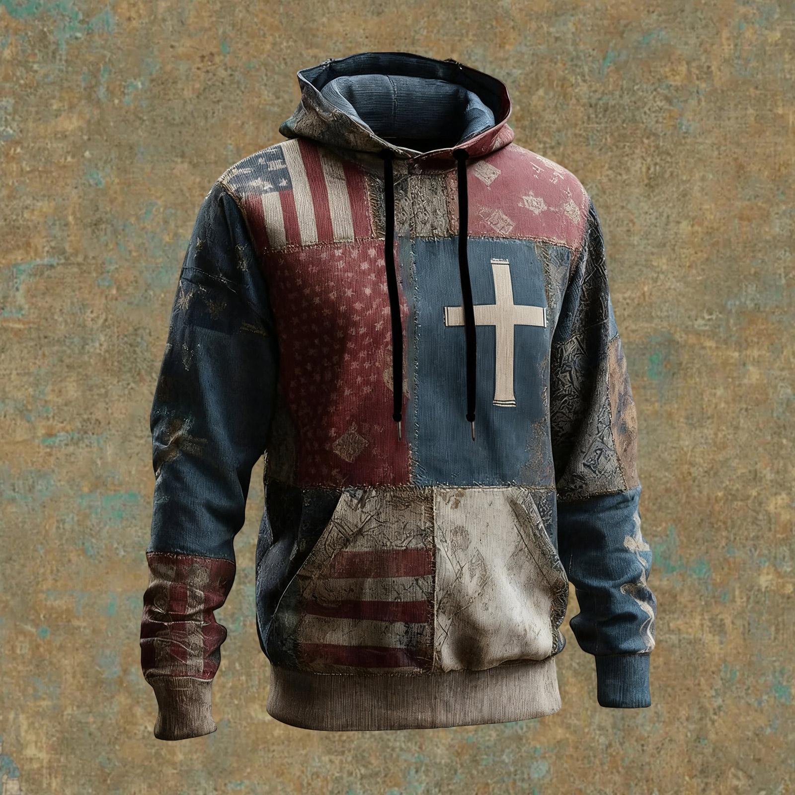 

Men s Vintage Casual American Flag Cross Hoodie Patriotic Shirt XL