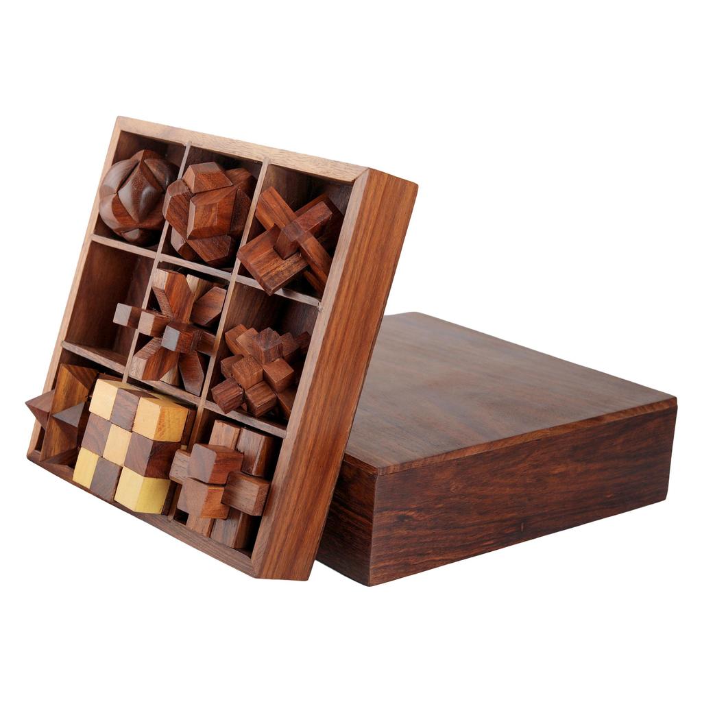 Shriji Crafts STEM Brain Teaser Puzzle Set, 9 Wooden Mechanical Puzzles,