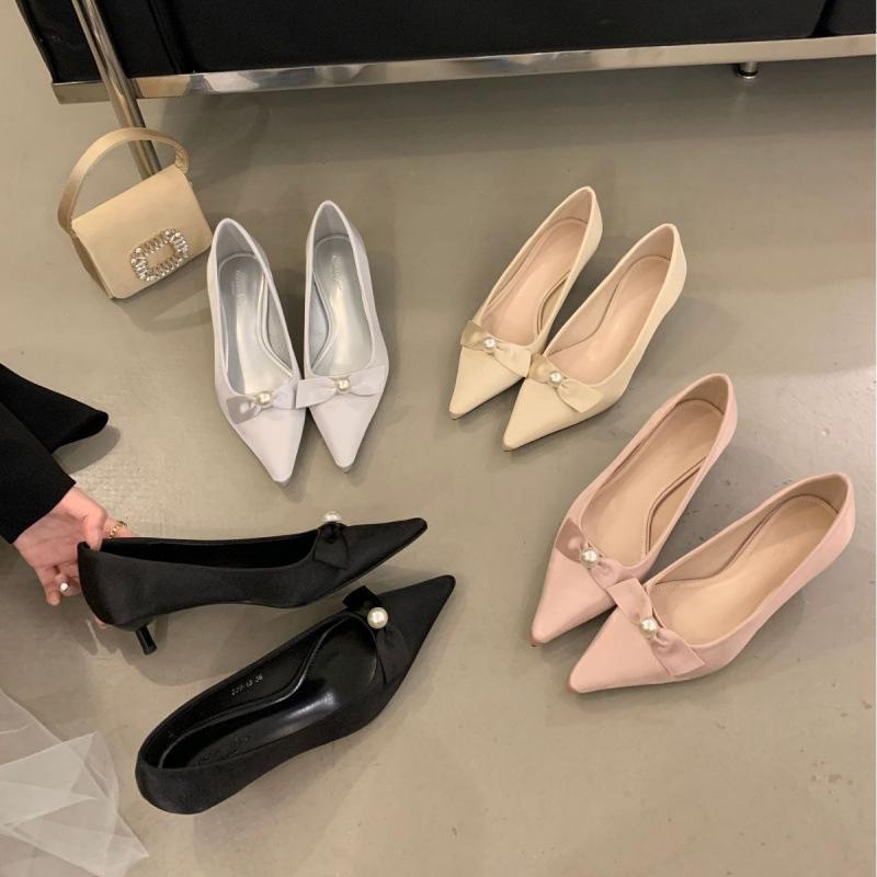 2025 New Year's Fashion Women's Shoes Pointed Head Shallow Mouth Pearl Buckle Type High Heel Thin Heel Commuter Small Leather Shoes Women's Single
