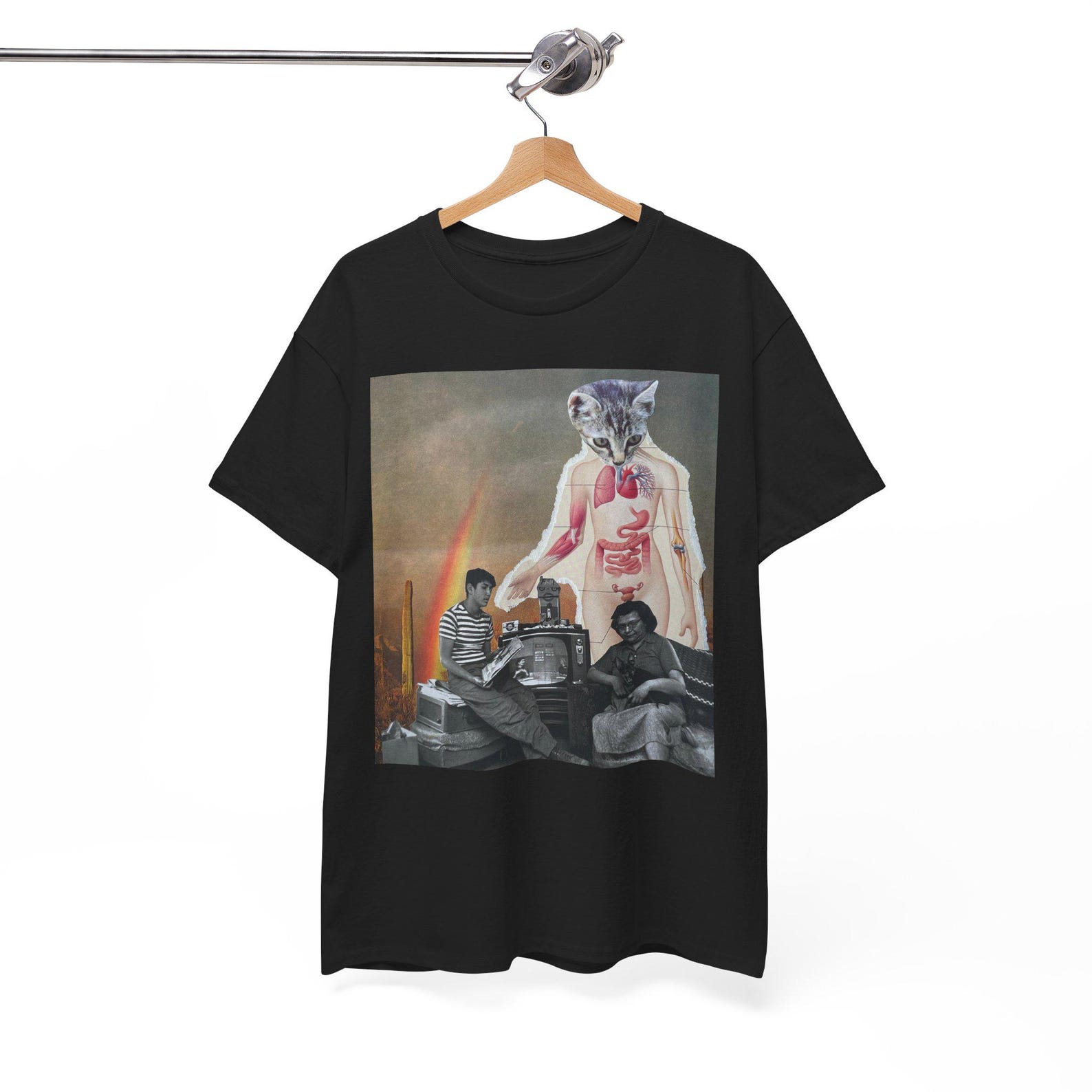Surreal Cat Anatomy Collage T-Shirt | Vintage Family Scene Art Tee | Weird Art Graphic Shirt | Anatomical Cat Art Tee M
