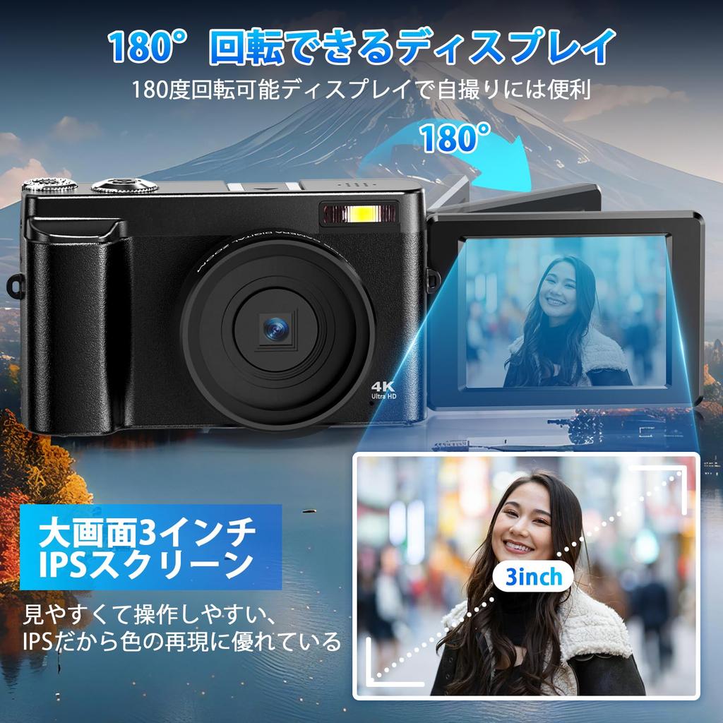 Oiadek 4K 48MP skaitmeninis fotoaparatas su 32 GB Micro SD, pasukamu 16x vaizdu, internetine kamera dideliam grožiui, dviem 52 mm UV filtrais, kompaktiška kortele, įkrovikliu, automatiniu fokusavimu, 180°
