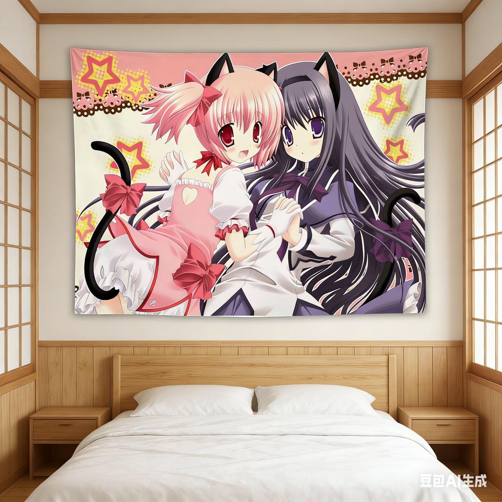 Madoka Anime Girl Tapestry Wall Hanging Cute Neko Cat Ears Pink Purple Character Bedroom Dorm Decor Polyester Fabric Backdrop