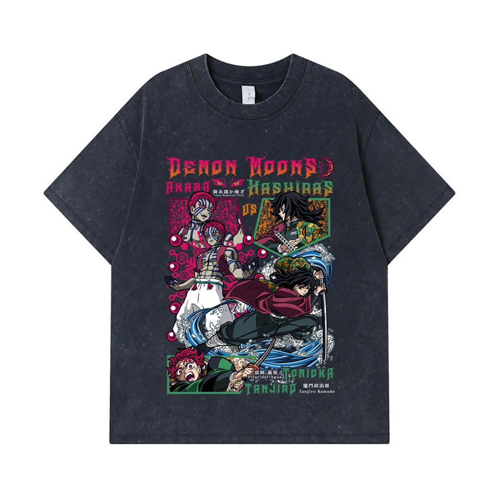 275 GSM Washed T-shirts 100% Cotton Demon Slayer V91 Akaza x Tomioka Print Unisex Heavy Cotton T Shirt