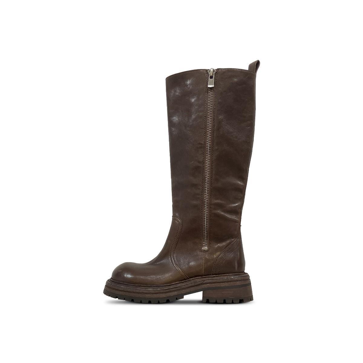 

Washed Horse Leather Knight Boots Women s Round Head Thick-soled Leather Boots Skinny Thick Heel Thighs Circumferential Zipper High Boots 40