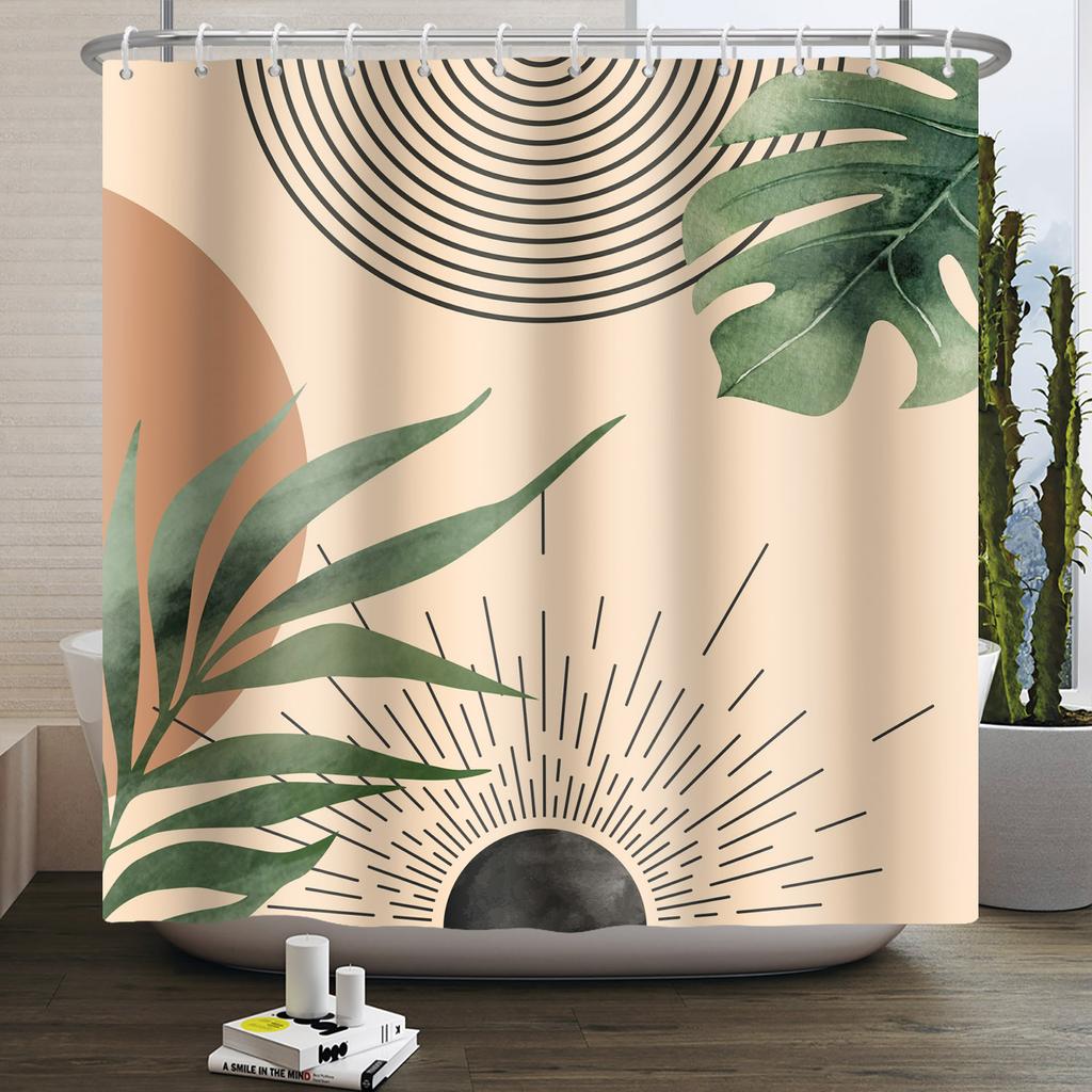 Mid Century Abstract Boho Shower Curtain Green Leaf Plant Modern Arch Sun Minimalist Nordic Waterproof Bathroom Bath Curtain