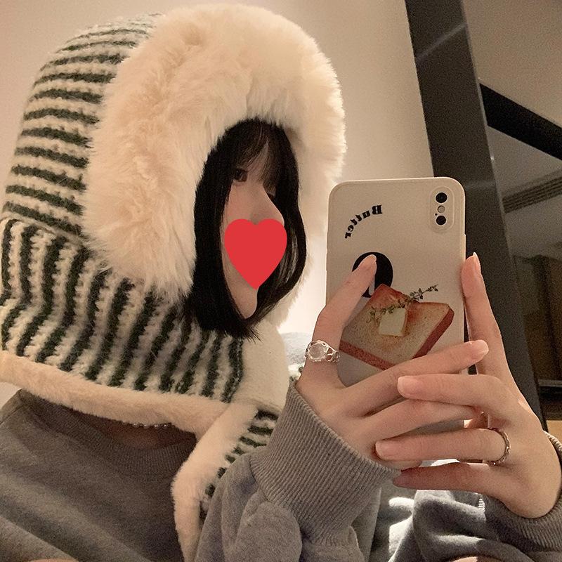 Striped plush hat scarf integrated female winter Korean version showing a small face cycling cold-proof knitted ear protector Lei Feng hat tide
