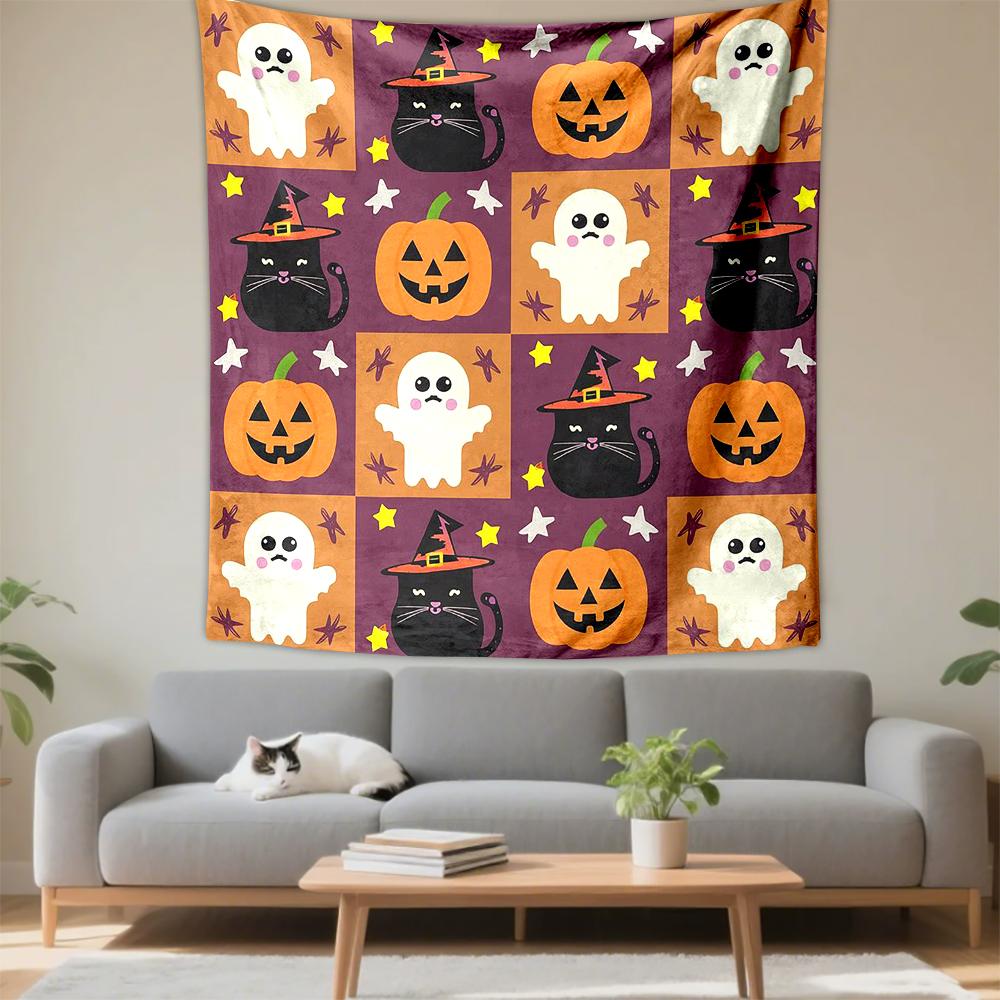 Halloween ghosts cats pumpkins stars Patterned tapestry for bedroom and living room home decor