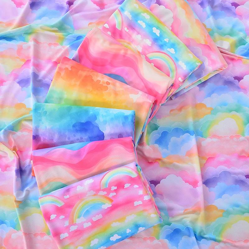 160X100Cm Colorful Rainbow Cloud Print Satin Fabric Diy Clothing Handmade Doll Dressmaking Plain Weave Fabric for Craft Sewing