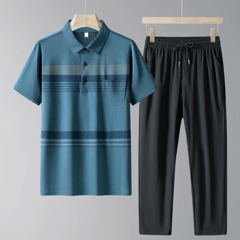 Middle Aged And Elderly Sports Suit Men's Casual Ice Silk Short Sleeved Men's Two-piece Set