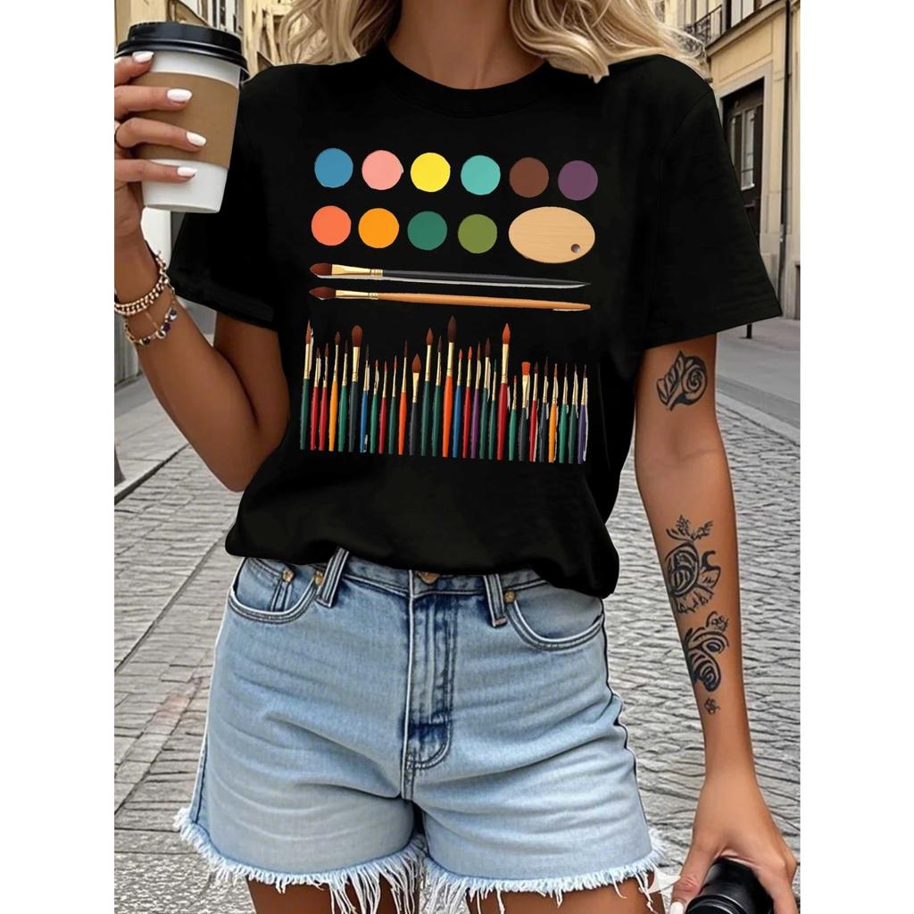 Women's Pure T-Shirt with Art Paintbrush & Color Palette Print - Artist-Themed Casual Short Sleeve Top, Comfort Fit All-Season Wear for Classes