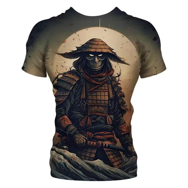 Pánské tričko s kulatým výstřihem Japonský Samuraj 3D potisk Krátký rukáv Ležérní Retro Tričko Vintage Pánské Oblečení