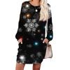 Women's Snowflake Print Fashionable Long-sleeved Round-neck Pocket Dress