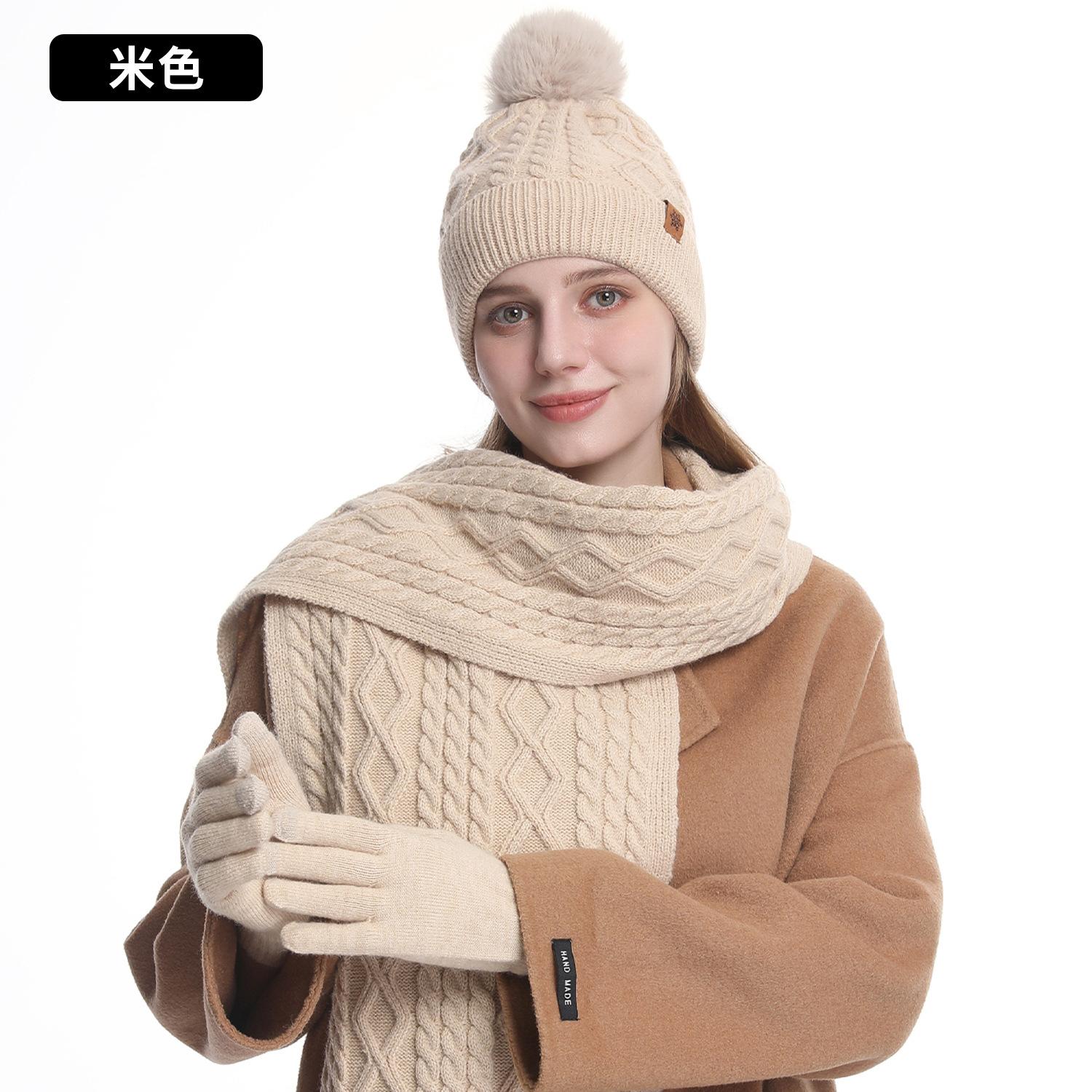

Knitted hat, scarf, gloves, three-piece set, women s winter velvet, warm outdoor riding, ear protection, wool, knitted hat
