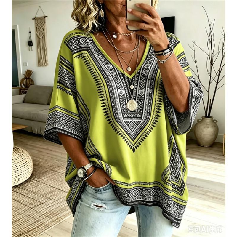 Plus-Size Women's V-Neck Batwing Sleeve T-Shirt Bohemian Ethnic Print Loose Top Summer Comfortable Breathable Daily Commute Casual Slimming Style